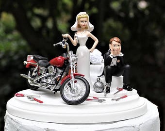 motorcycle wedding cake topper bride and groom honda