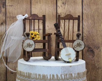 Wedding Cake Topper-Rocking Chair-Sunflowers-Guitar-Banjo-Bride-Groom-Mr and Mrs-Rustic-Country-Barn-Anniversary-Unique