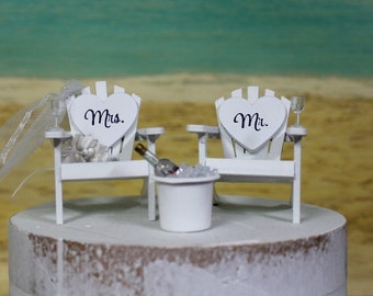 Beach Wedding Cake Topper, 6" Cake Topper, Beach-Bride-Groom-Anchors-Tub-Drinks-Destination-Ocean- His and Hers Cake Topper