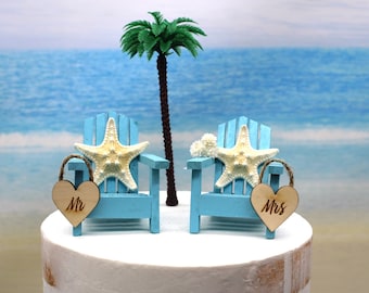 Beach-Wedding-Cake Topper-Destination Wedding-Adirondack Chairs-Bride-Groom-6 inch cake topper-Starfish