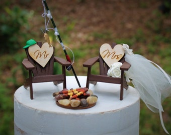 Fishing-Cake Topper-Fish-Bride-Groom-Wedding-Anniversary-Fishing Pole-4 inch-6 inch-Cake-Mr-Mrs-Adirondack Chair