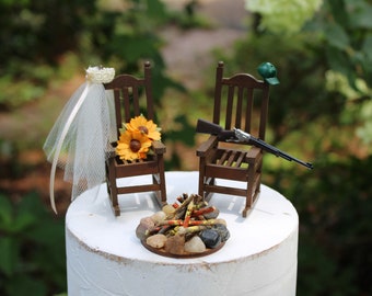 Hunting, Wedding, Cake Topper, Hunter, Fire Pit, Bride, Groom, Rocking Chairs, Sunflowers, Wooden