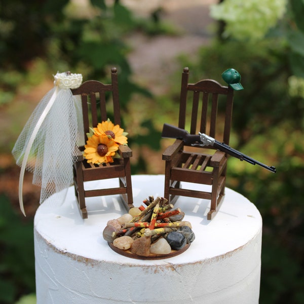 Hunting, Wedding, Cake Topper, Hunter, Fire Pit, Bride, Groom, Rocking Chairs, Sunflowers, Wooden