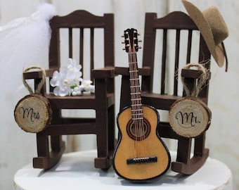 Guitar, Banjo, Violin, Instruments, Musical, Wedding Cake Topper, 6" Cake Topper, Country-Barn-Wooden-Rustic-Bride-Groom