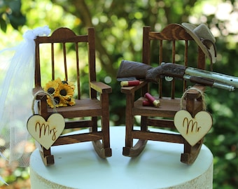 Hunting Wedding Cake Topper, Bride and Groom Wedding Chairs, Personalized Cake Topper, Country-Barn-Wooden-Rustic His and Hers Cake Topper