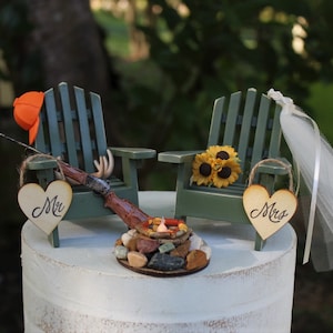 Hunting-Deer Hunting-Adirondack Chairs-Bride-Groom-Rustic-Unique-Lighted Fire pit-Hunt-Rifle-Baseball cap-Wedding-Anniversary-camping