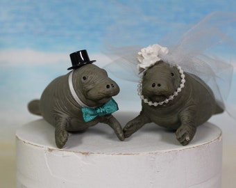 Manatee Wedding Cake Topper, Beach-Ocean -Wedding Cake Topper-Animal Cake Topper- Sea Life- Bride and Groom,