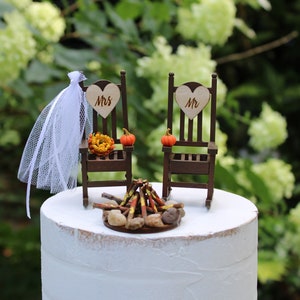 Fall, Wedding, Cake Topper, Pumpkins, Fire Pit, Bride, Groom, Rocking Chairs, Autumn, Country, Rustic, Wooden