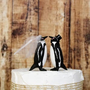 Penguin Wedding Cake Topper, Unique Cake Topper, Bride and Groom, Animal Cake Topper, Black and White Cake