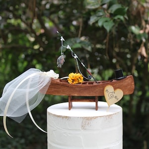 Fishing Wedding Cake Topper, Kayak-Bride and Groom-Sunflowers-Grooms Cake Topper-Rustic His and Hers Cake Topper-Fishing Pole