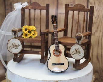 Wedding Cake Topper-Rocking Chair-Sunflowers-Guitar-Banjo-Bride-Groom-Mr and Mrs-Rustic-Country-Barn-Anniversary-Unique