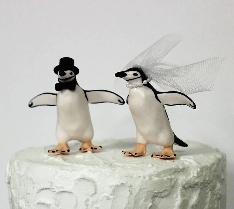 Penguin Wedding Cake Topper, Unique Cake Topper, Bride and Groom, Animal Cake Topper, Black and White Cake image 4