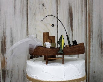 Fishing Wedding Cake Topper, Fishing Boat and Fish, Bride and Groom-Sportman-Grooms Cake Topper-Rustic His and Hers Cake Topper