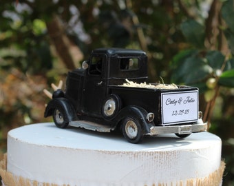 Truck Cake Topper, Wedding-Bride-Groom-Personalized-Black-Deer-Hunter-Hunting-Rustic-Funny-Antlers-Pickup-Unique-Metal-Farm Truck-Mr & Mrs