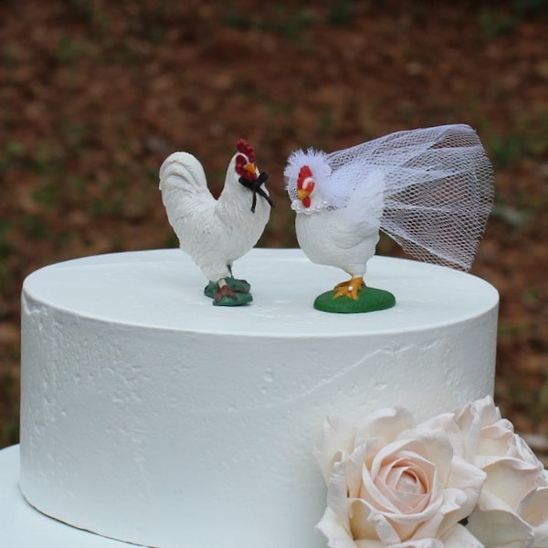 Rooster-Hen-Chicken-Wedding-Cake Topper-Bride-Groom-Farm-Animal-Mr-Mrs-Barn-Rustic-Country-Unique-Funny