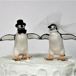 Penguin Wedding Cake Topper, Unique Cake Topper, Bride and Groom, Animal Cake Topper, Black and White Cake image 3
