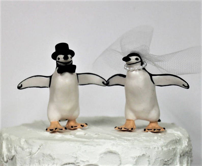Penguin Wedding Cake Topper, Unique Cake Topper, Bride and Groom, Animal Cake Topper, Black and White Cake image 3