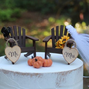 Fall-Wedding Cake Topper-Adirondack Chairs-Autumn-Pumpkins-Sunflowers-Rustic-6&quot; Cake Topper-4&quot; Cake Topper-Beach-Bride-Groom