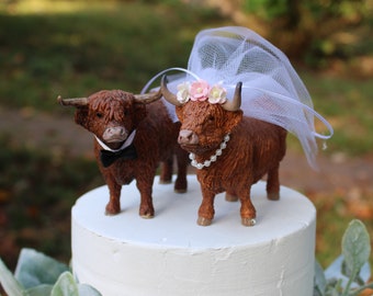 Highland Cow-Bull-Wedding-Cake Topper-Bride-Groom-Farm-Farmhouse-Animal-Cattle-Unique-Funny
