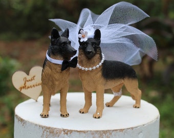 German Shepard-Dog-Bride-Groom-Wedding-Cake Topper-Animal-Pet-Unique-Funny-wooden heart-