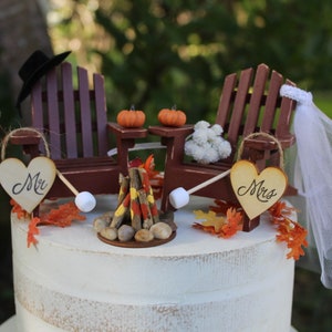Fall-Adirondack Chairs-Cake Topper-Wedding-Bride-Groom-Rustic-Unique-Campfire-Pumpkins-Camping