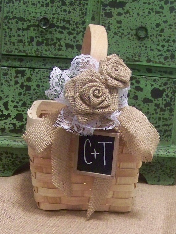 Items similar to Rustic Burlap and Lace Flower Girl's Basket with