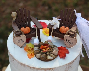Wedding Cake Topper-Fall-Adirondack Chairs-Autumn-Pumpkins-Rustic-6" Cake Topper/Beach-Bride-Groom