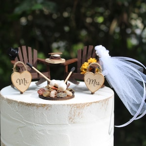 Wedding Cake Topper, Camping, Fire Pit, Marshmallows, Sunflowers, Rustic, 6" Cake Topper, Beach-Bride-Groom-S mores