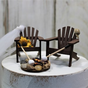Wedding Cake Topper, Camping, Campfire, Marshmallows, Sunflowers, Rustic, 6&quot; Cake Topper, Beach-Bride-Groom