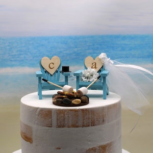 Beach-Wedding-Cake Topper-Destination Wedding-Adirondack Chairs-Bride-Groom-6 inch cake topper-camping-firepit-marshmallows-personalized