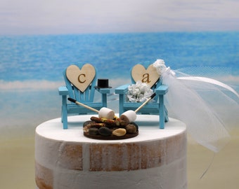 Beach-Wedding-Cake Topper-Destination Wedding-Adirondack Chairs-Bride-Groom-6 inch cake topper-camping-firepit-marshmallows-personalized