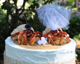 Crab Wedding Cake Topper-Beach-Hermit Crab Cake Topper-Destination Wedding-Bride and Groom Cake Topper-Seashore-Seashells