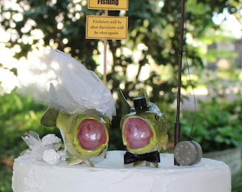 Bass Wedding Cake Topper, Fishing Wedding Cake Topper, Fisherman-Large Mouth Bass-Fisherman-Fishing Pole-Bride and Groom-