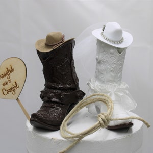 Topper per torta nuziale con stivale, sposa, sposo, cowgirl, cowboy, cappello, matrimonio in stile western in fienile,