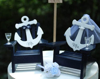 Beach-Wedding-Ocean-Bride-Groom-Cake Topper-Adirondack Chairs-Beach Theme-Destination Wedding-Nautical-Champagne