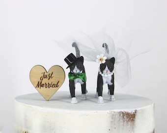 May include: A wedding cake topper featuring two tuxedo cat figurines. One cat wears a top hat and green bow tie, the other a pearl necklace and flower. A wooden heart with "Just Married" is also included.