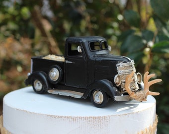 Truck Cake Topper, Wedding-Bride-Groom-Personalized-Black-Deer-Hunter-Hunting-Rustic-Funny-Antlers-Pickup-Unique-Metal-Farm Truck-Mr & Mrs