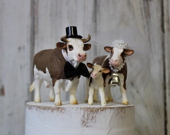 Cow Cake Topper-Family-Animal Wedding Cake Topper-Farm-Sentimental Cow-Barn Wedding Cake Topper-Farmer Boy and Girl-Cow Bride and Groom