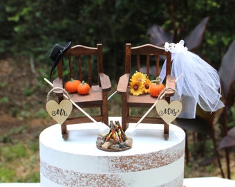 Fall-Pumpkin-Camping-Wedding-Cake Topper-Bride-Groom-Fire pit-Unique-Marshmallows--Rustic-Autumn