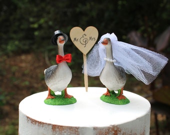 Goose-Wedding-Cake Topper-Bride-Groom-Farm-Animal-Funny-Unique-Barn-Gray Geese-Mr-Mrs-Rustic