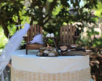 Adirondack Chair With Campfire, Smores and Marshmallows on Stick, Adirondack Chairs, Glowing Campfire, Bride and Groom, Wedding Cake Topper