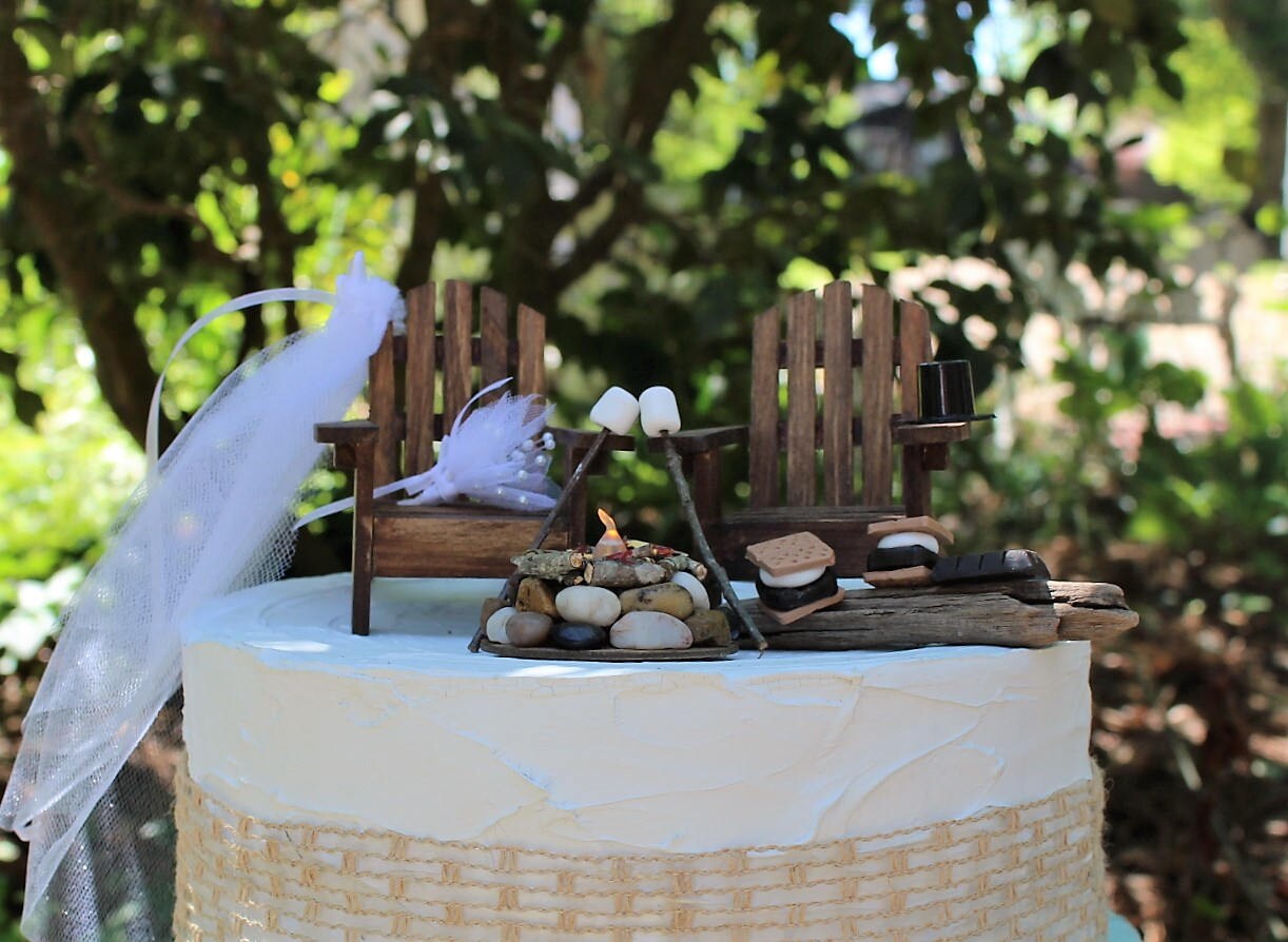 Adirondack Chair With Campfire, Smores and Marshmallows on Stick, Adirondack Chairs, Glowing Campfire, Bride and Groom, Wedding Cake Topper