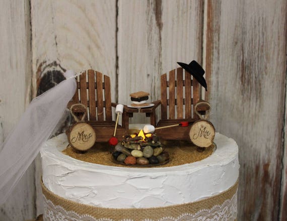 Beach Wedding Cake Topper Camping Adirondack Chairs Bride 