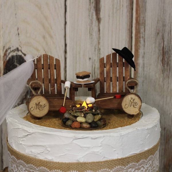 Wedding Cake Topper, Camping, Adirondack Chairs, Bride and Groom, Lighted Campfire Wedding Cake, Rustic, Hunting Adirondack Chairs