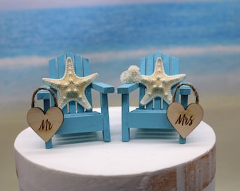 Beach-Wedding-Cake Topper-Destination Wedding-Adirondack Chairs-Bride-Groom-6 inch cake topper-Starfish