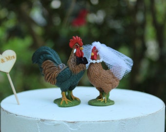 Rooster-Hen-Chicken-Wedding-Cake Topper-Bride-Groom-Farm-Animal-Mr-Mrs-Barn-Rustic-Country-Unique-Funny