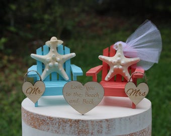 Beach-Wedding-Destination-Bride-Groom-Tropical-Starfish-Adirondack chairs-Cake topper