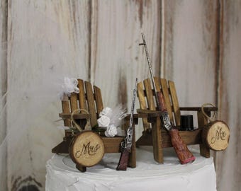 Deer Hunting Cake Topper, Wedding Sportsman Cake Topper, The Hunt is Over, Bride and Groom, Adirondack Chairs, Sportmans Cake