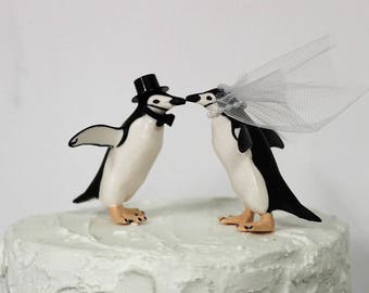 Penguin Wedding Cake Topper, Unique Cake Topper, Bride and Groom, Animal Cake Topper, Black and White Cake