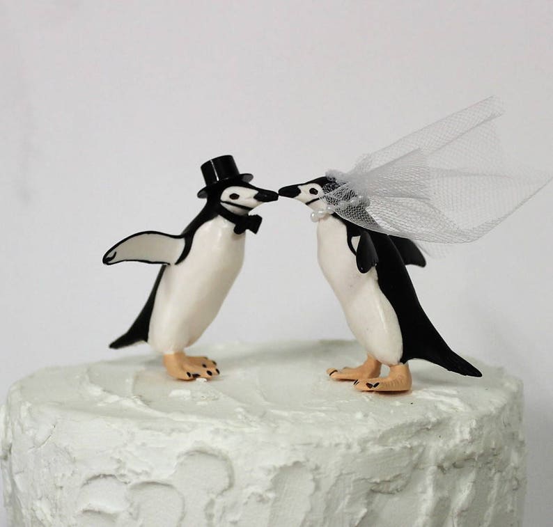 Penguin Wedding Cake Topper, Unique Cake Topper, Bride and Groom, Animal Cake Topper, Black and White Cake image 1